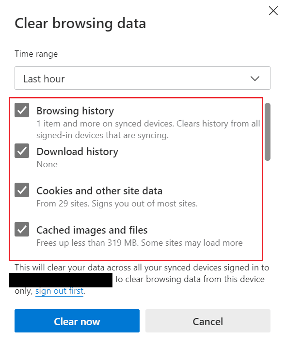 任意のボックスのチェックを外します | Microsoft Edge でキャッシュと Cookie をクリアする方法