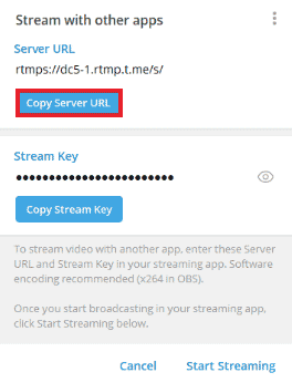 单击复制服务器 URL。如何在 Telegram 上直播