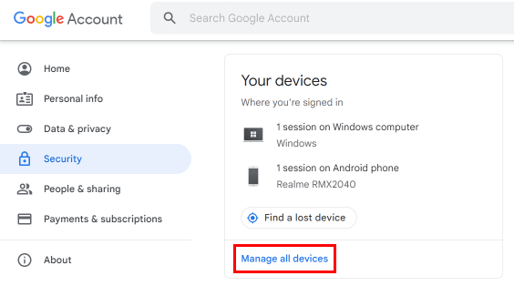 Em segurança, role para baixo até Seus dispositivos e clique em Gerenciar todos os dispositivos. | Como remover o YouTube da Smart TV