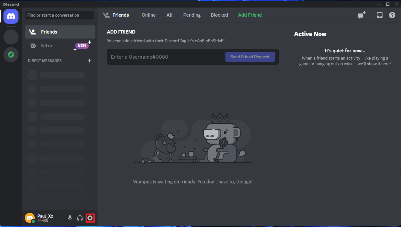 Faceți clic pe pictograma roată pentru a accesa meniul de setări Discord