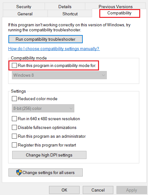 dezactivați Rulați acest program în modul de compatibilitate pentru opțiune. Remediați înghețarea Discord după problema jocului din ligă