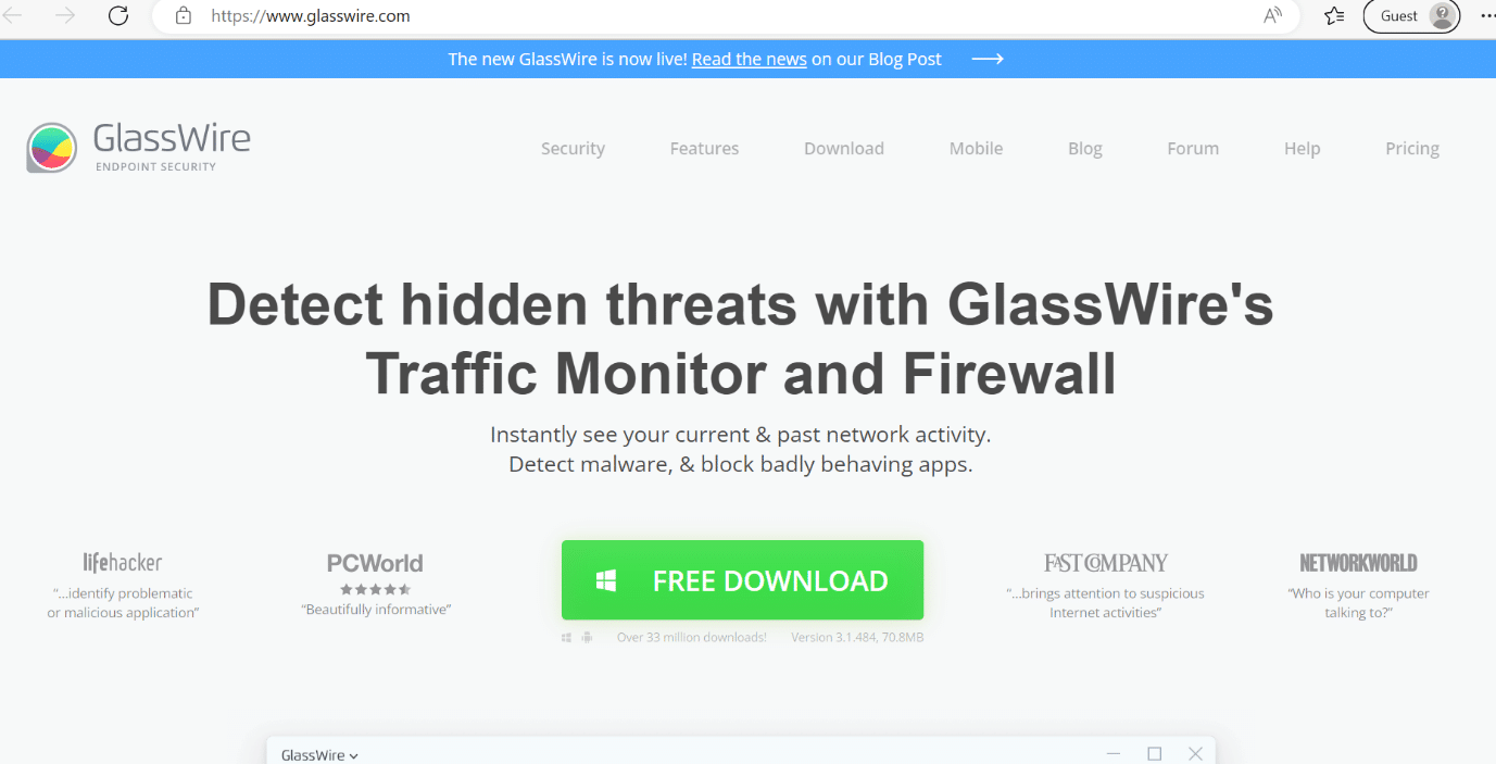 หน้าเว็บของ glasswire 18 ไฟร์วอลล์ฟรีที่ดีที่สุดสำหรับ Windows