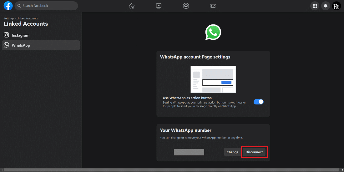 單擊斷開連接按鈕。如何取消 WhatsApp 與 Facebook 頁面的鏈接