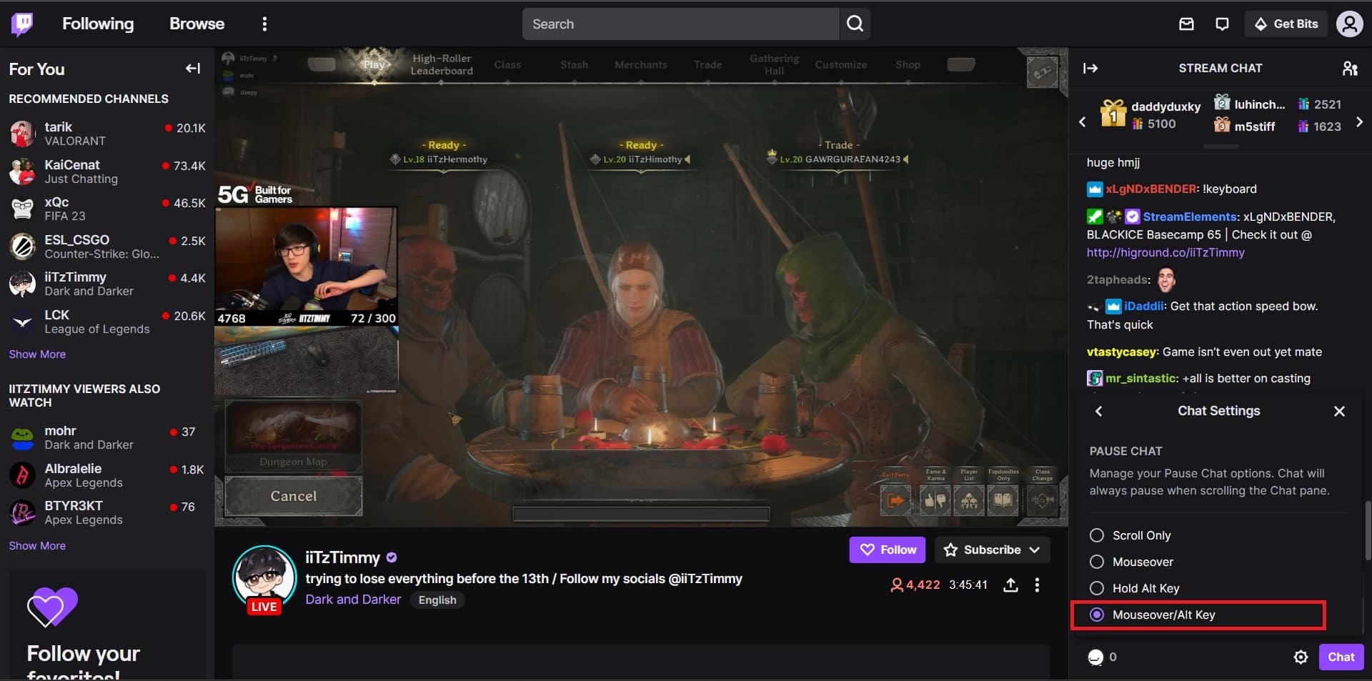 เลือกตัวเลือก Mouseover/Alt Key | วิธีหยุดการแชท Twitch ชั่วคราว