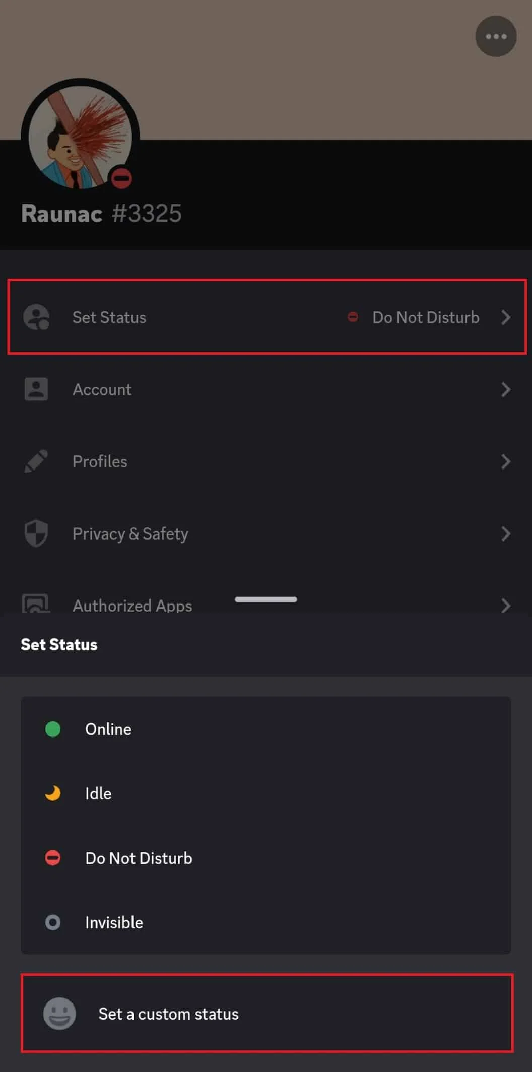 Opção de status personalizado