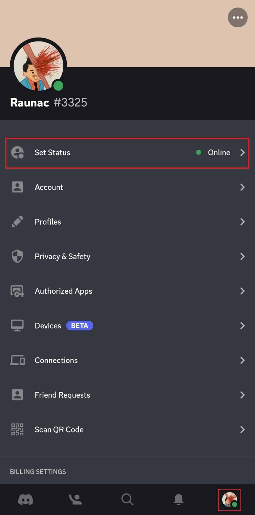 Definir opção de status