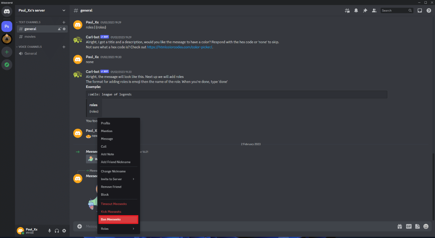 Wählen Sie die Option Namen des Mitglieds sperren. So entfernen Sie jemanden aus der Discord-Gruppe