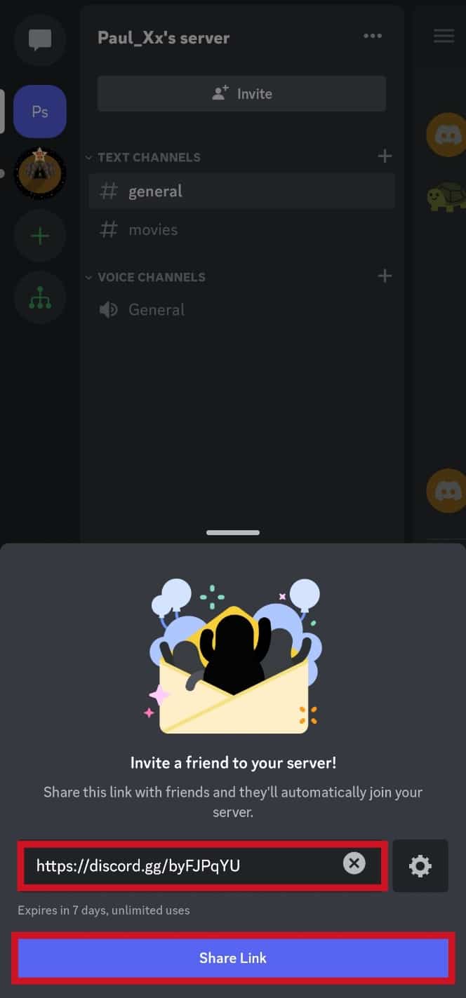 Kopieren Sie den Einladungslink oder tippen Sie auf die Schaltfläche Link teilen. So entfernen Sie jemanden aus der Discord-Gruppe