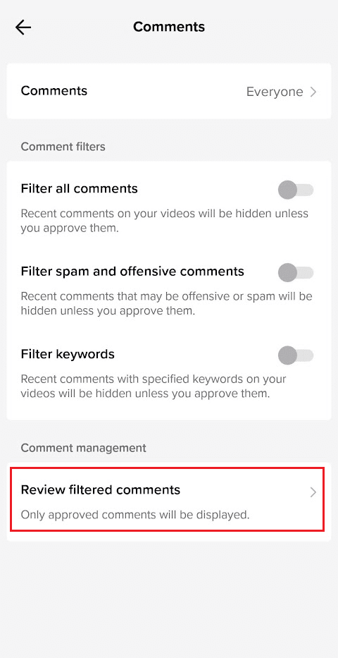 Tippen Sie auf die Option Kommentare – Gefilterte Kommentare überprüfen