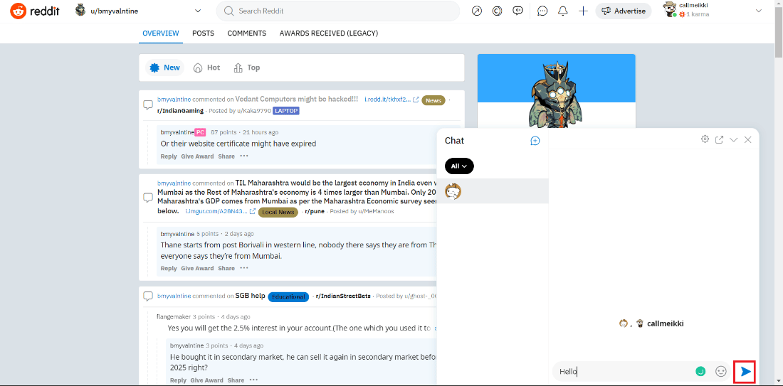 คลิกปุ่มส่งเพื่อส่งไปยังผู้รับ | วิธี PM บน Reddit