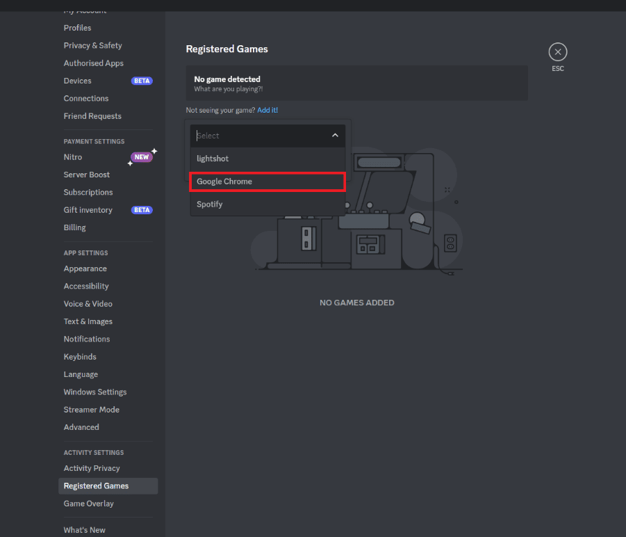 Klicken Sie auf Hinzufügen und wählen Sie Google Chrome aus der Liste aus. So streamen Sie Disney Plus auf Discord