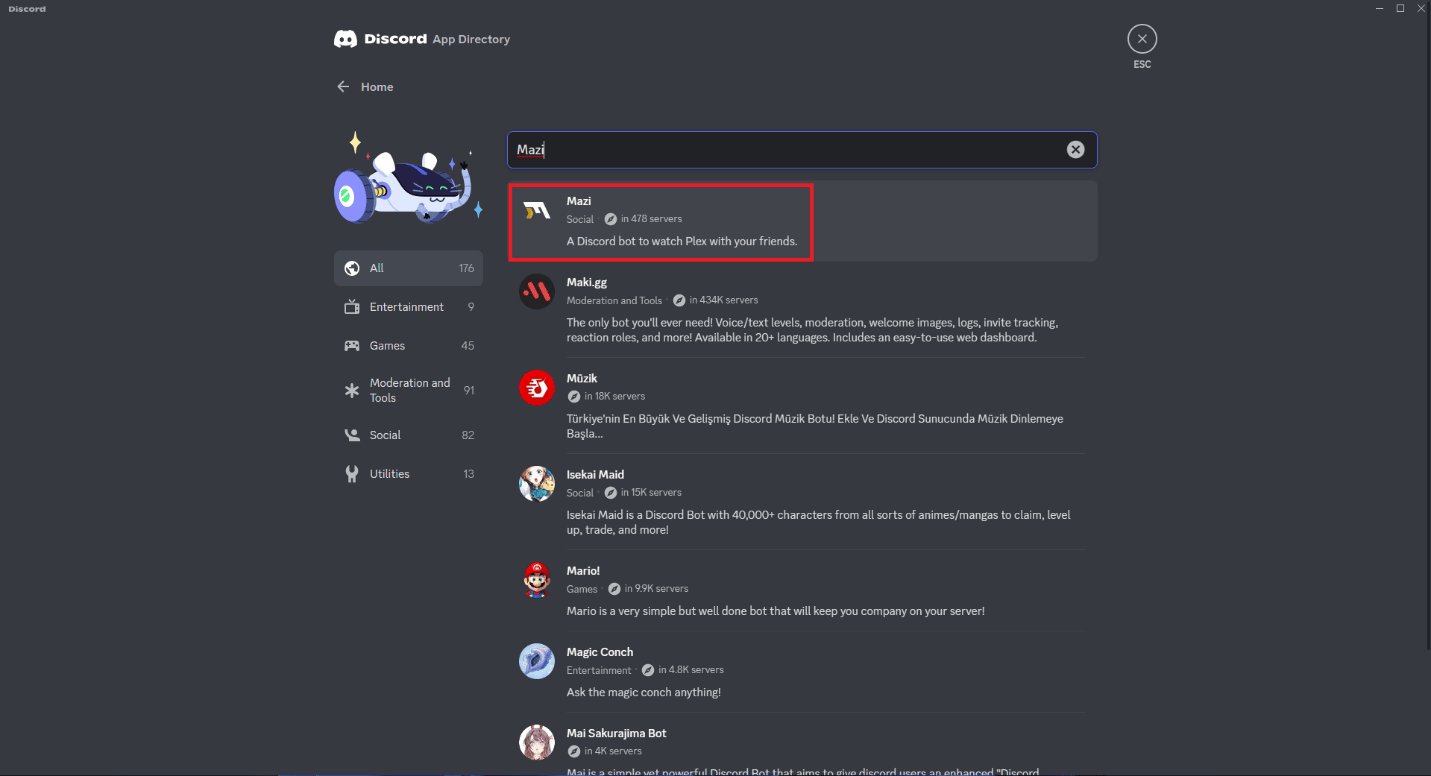 Suchen Sie nach Mazi und klicken Sie darauf. So streamen Sie Disney Plus auf Discord