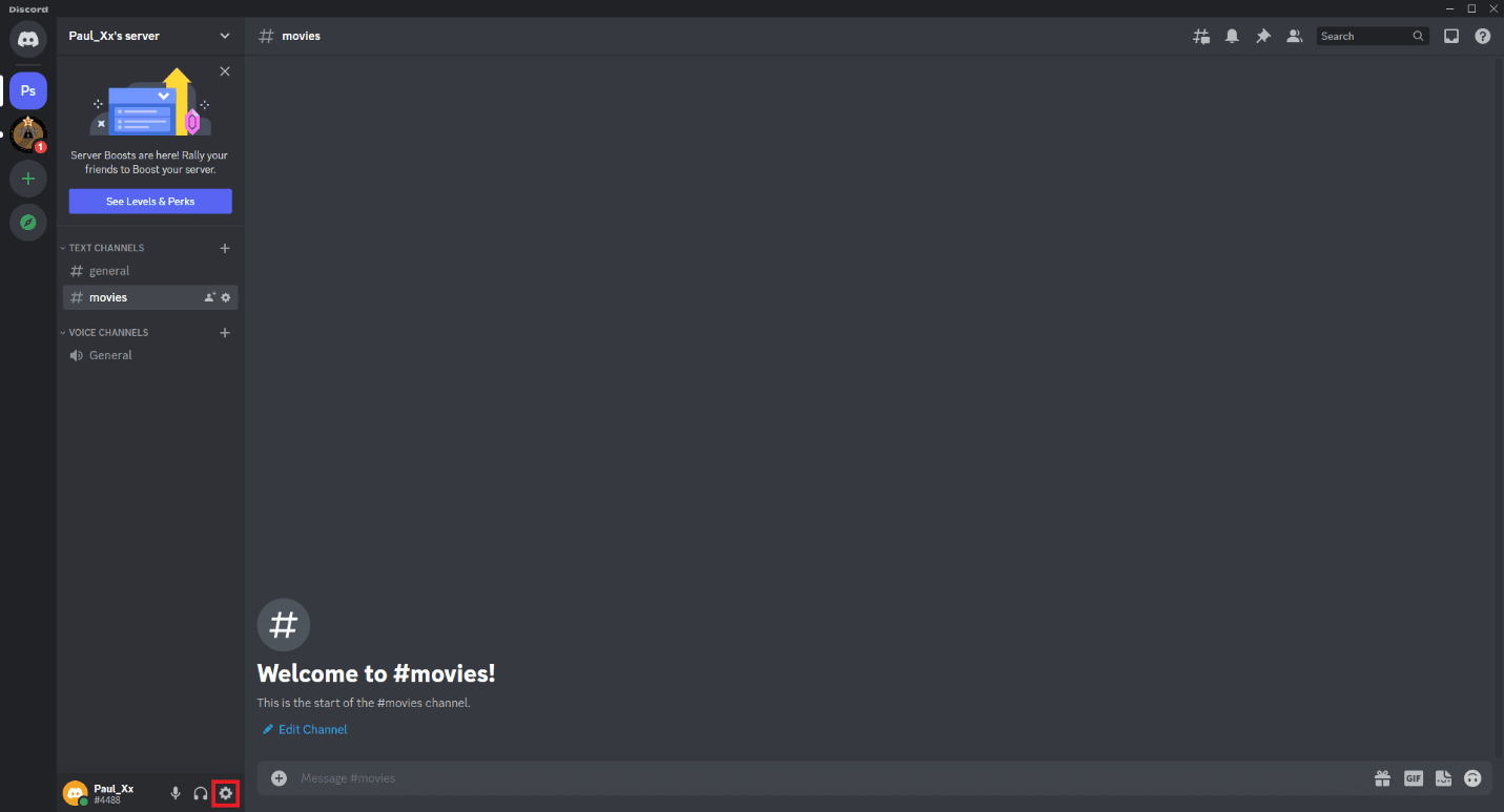 Gehen Sie zu einem Voice-Chat-Kanal und klicken Sie auf das Zahnradsymbol. So streamen Sie Disney Plus auf Discord