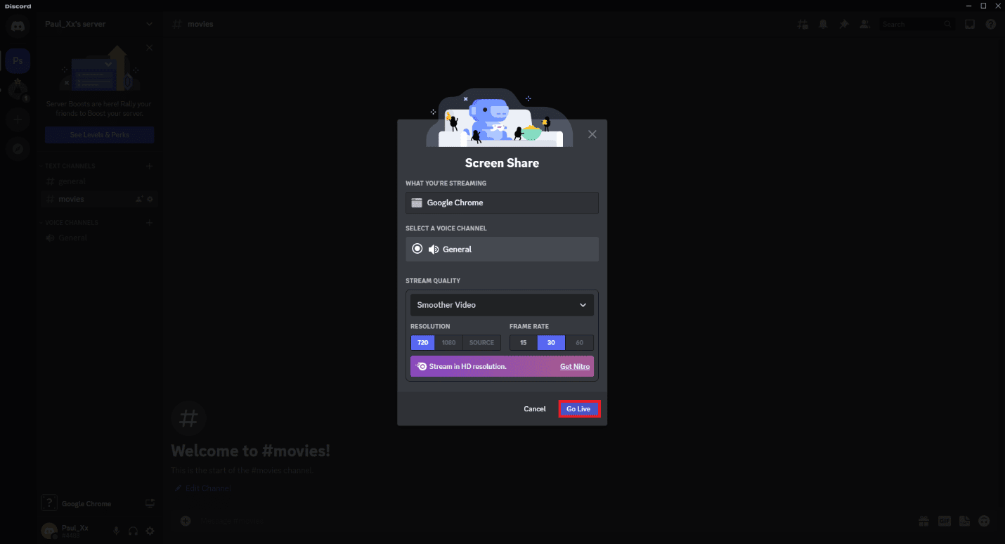 Klicken Sie auf die Schaltfläche Live gehen. So streamen Sie Disney Plus auf Discord