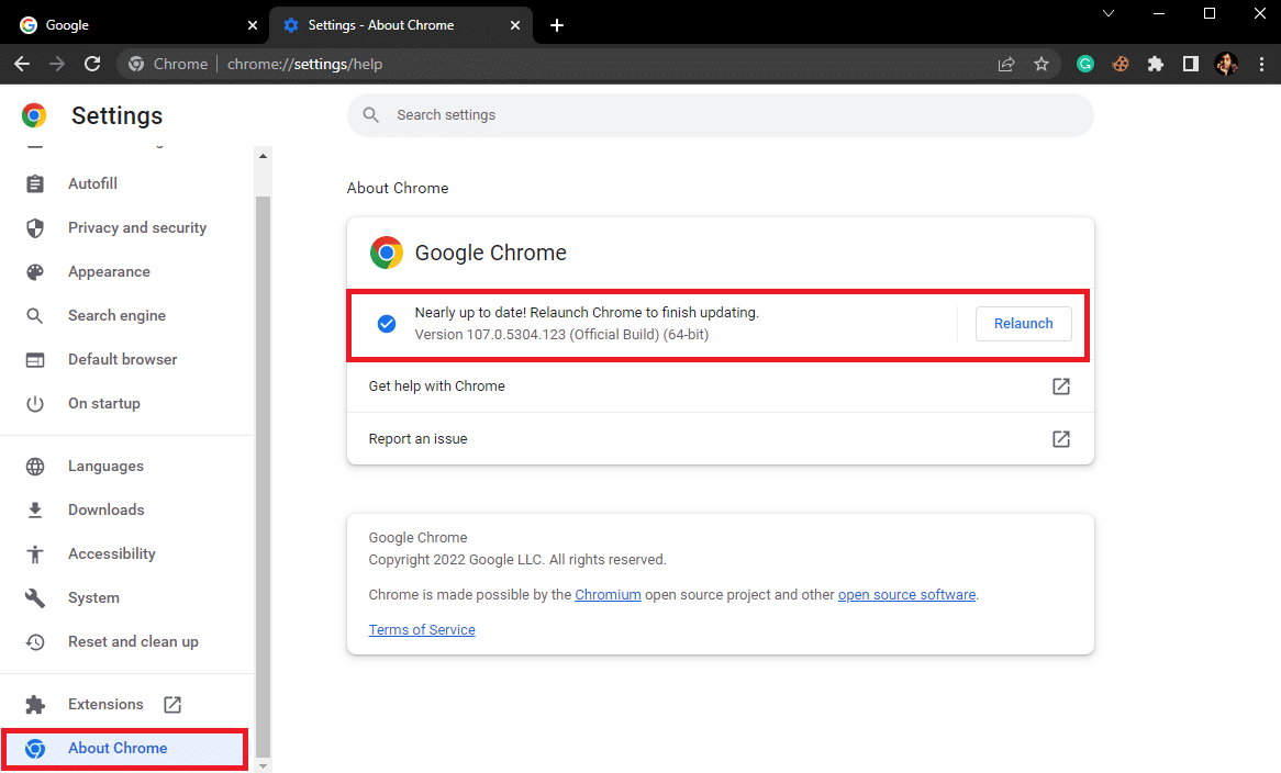คลิกที่ About Chrome และตรวจสอบการอัปเดต 13 วิธีในการแก้ไขข้อผิดพลาดการดาวน์โหลดที่ล้มเหลวบน Chrome
