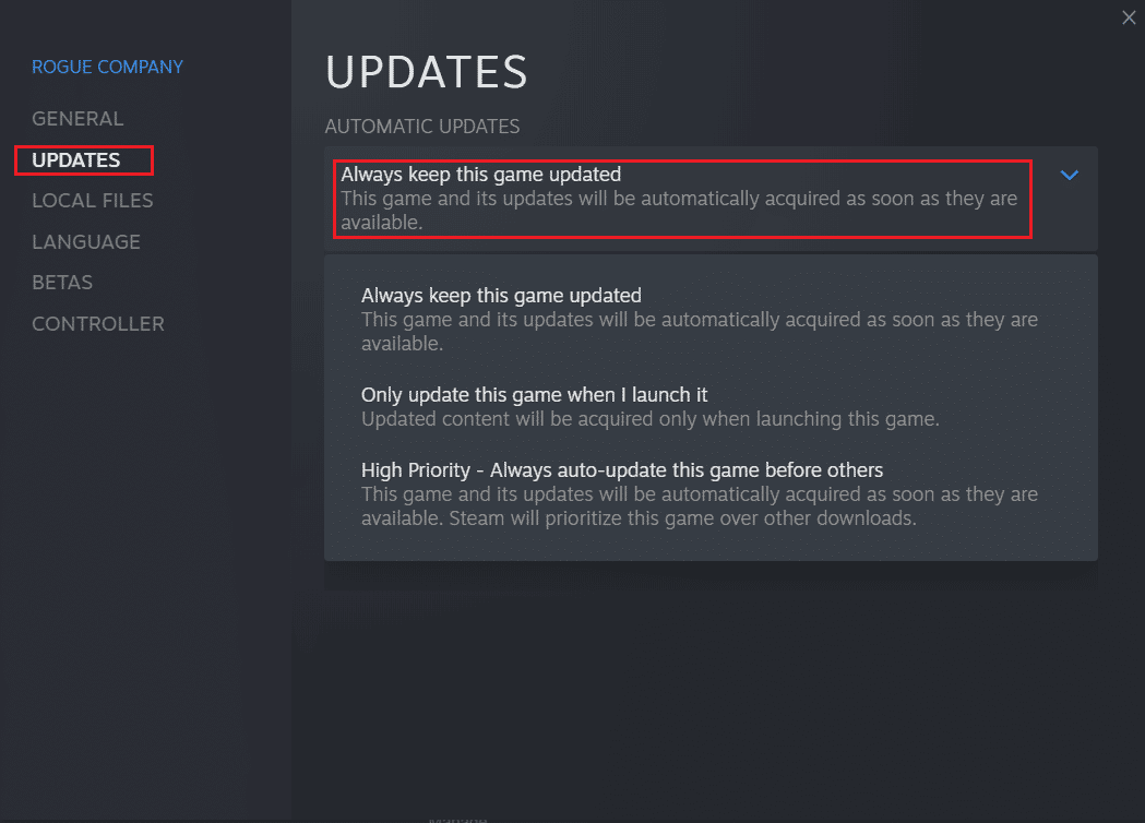 เปลี่ยนไปที่แท็บ UPDATES และคลิกที่ให้เกมนี้อัปเดตอยู่เสมอจากส่วน AUTOMATIC UPDATES