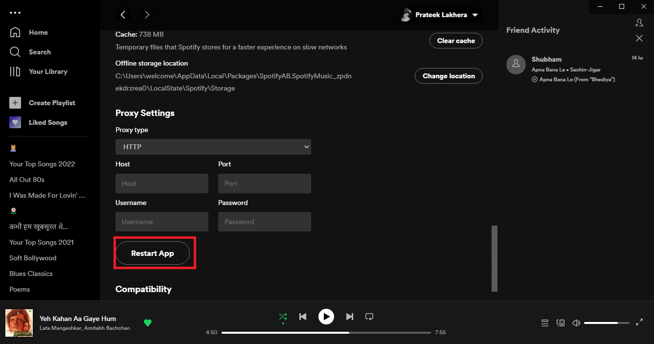 單擊重新啟動應用程序以保存更改。如何修復 Windows 10 中的 Spotify Code 4 連接錯誤