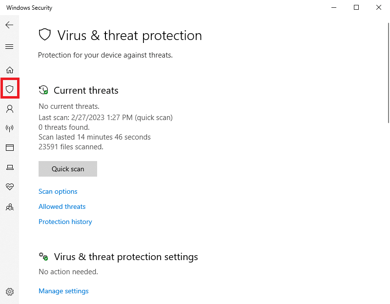 導航到病毒和威脅防護。如何修復 Windows 10 中的 Spotify Code 4 連接錯誤