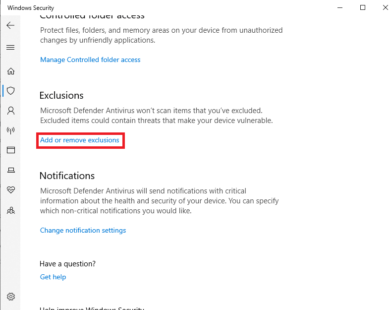 單擊添加或刪除排除項。如何修復 Windows 10 中的 Spotify Code 4 連接錯誤