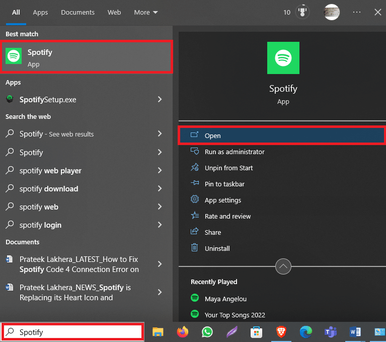 從開始菜單打開 Spotify。如何修復 Windows 10 中的 Spotify Code 4 連接錯誤