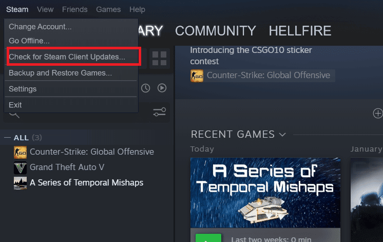 Wählen Sie die Option Nach Steam-Client-Updates suchen…. Behebung des Fehlers „Verbindung zum Steam-Netzwerk konnte nicht hergestellt werden“.