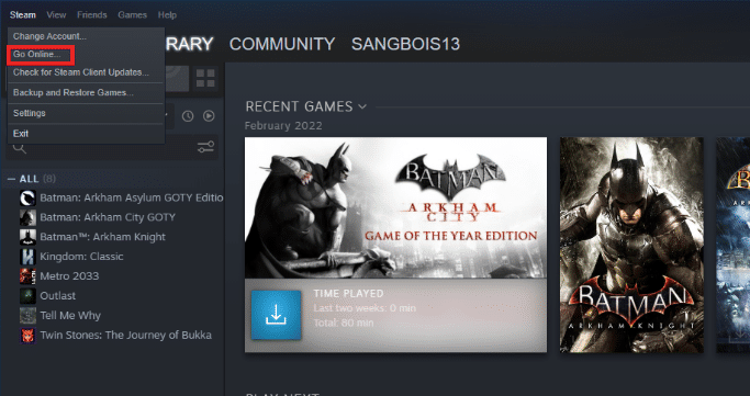Klicken Sie auf Online gehen. Behebung des Fehlers „Verbindung zum Steam-Netzwerk konnte nicht hergestellt werden“.