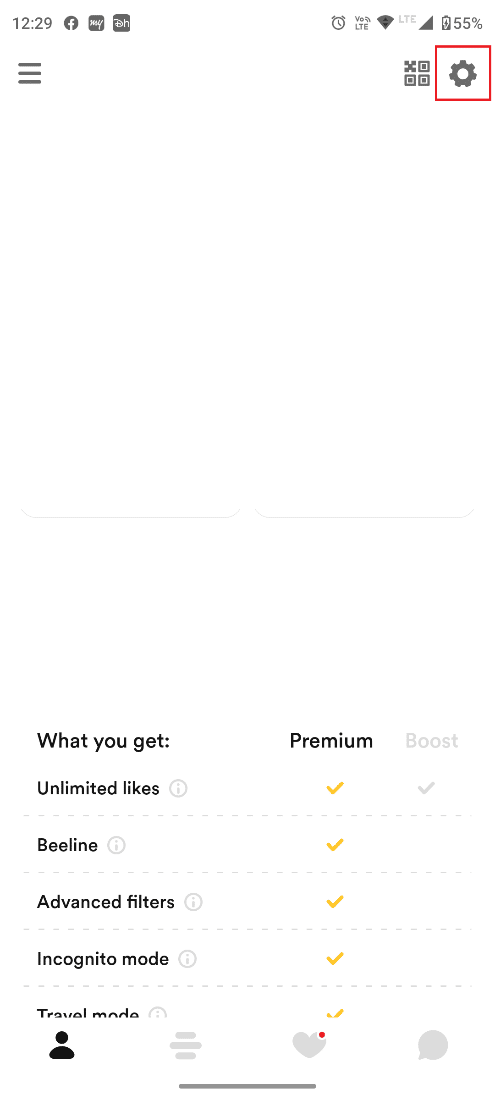 Ketuk ikon Pengaturan. Cara Mereset Gesekan Bumble