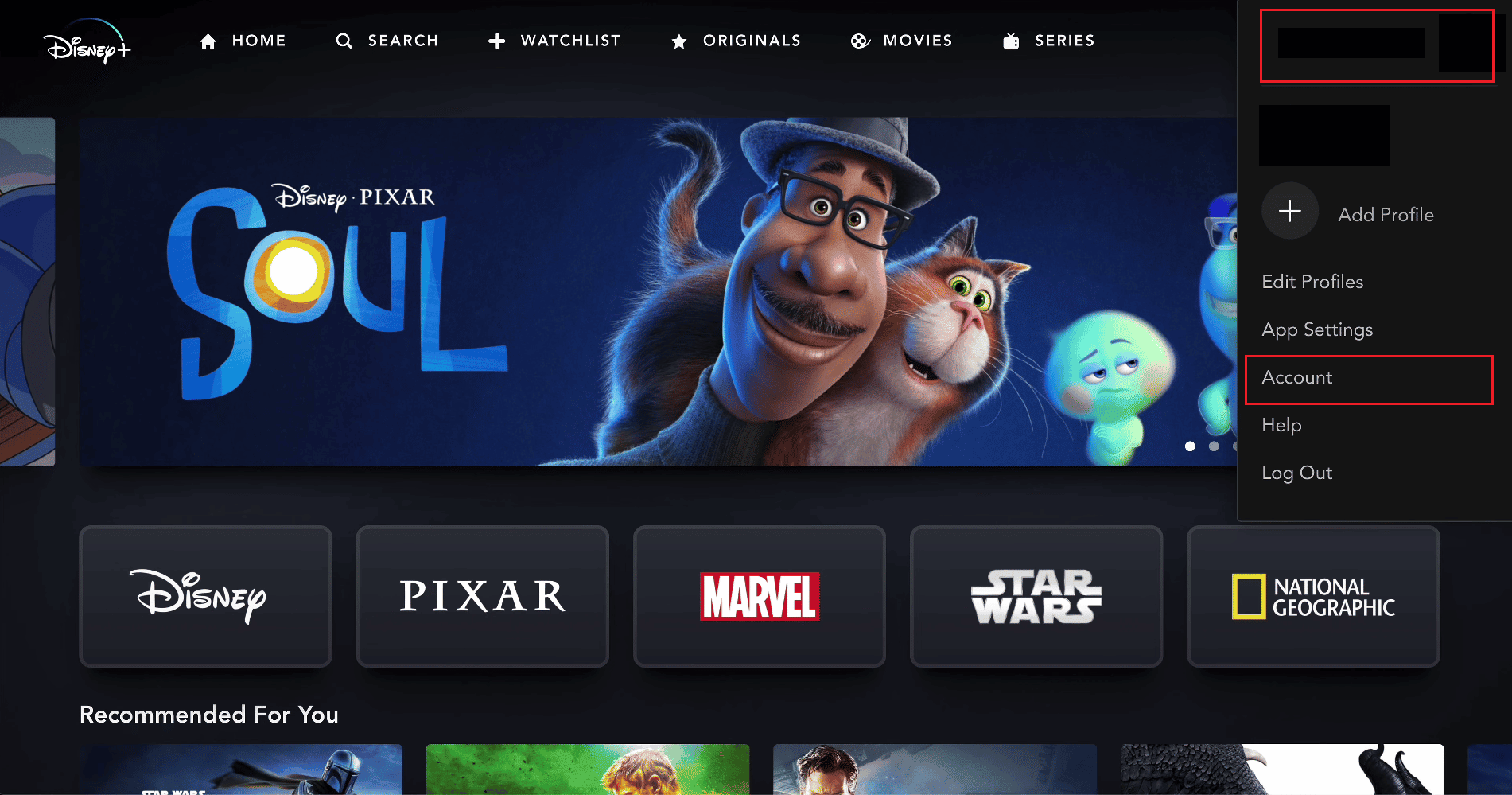 プロフィール アイコンをクリックし、[アカウント] を選択します。 Disney Plus AutoplayがChromeで機能しない問題を修正する8つの方法