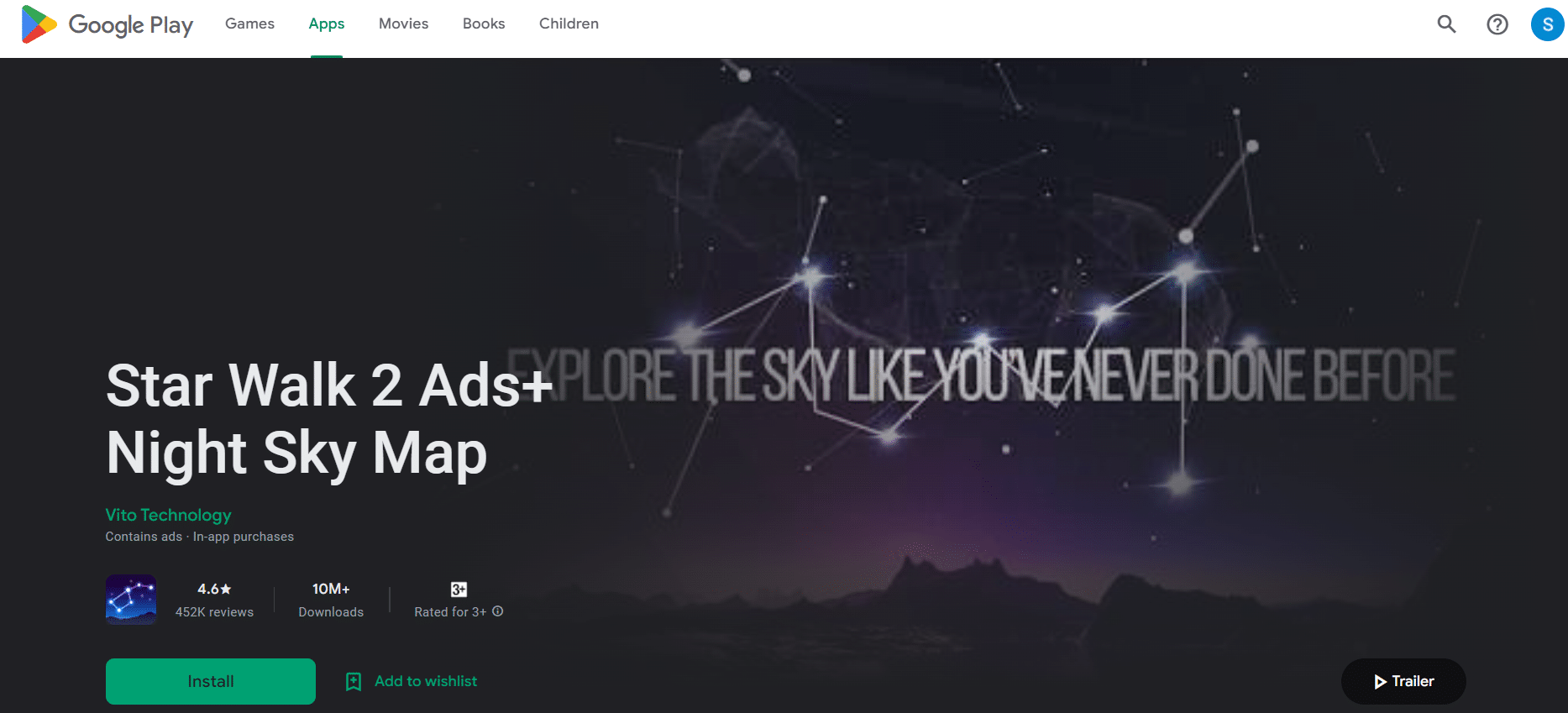 Pagina de instalare a hărții Star Walk 2 Ads+ Night Sky