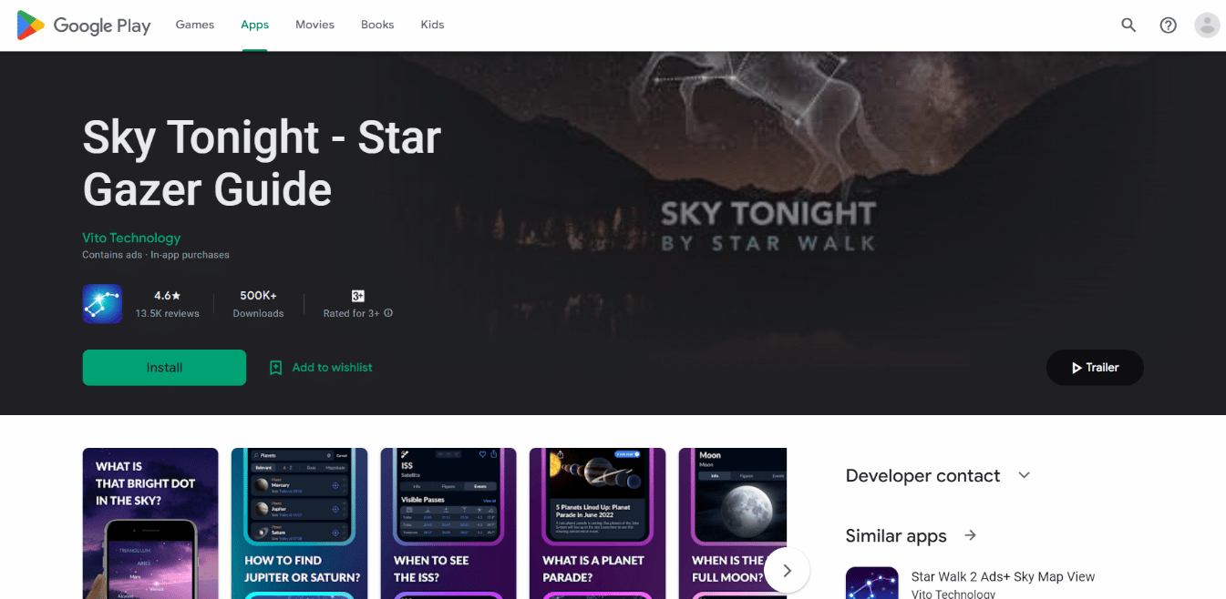 Pagina de instalare a aplicației Sky Tonight.