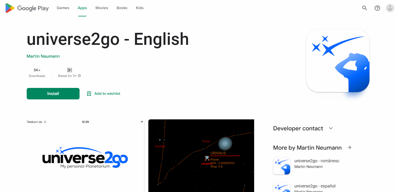 Pagina de instalare a aplicației Universe2go. 22 de cele mai bune aplicații de astronomie și observare a stelelor