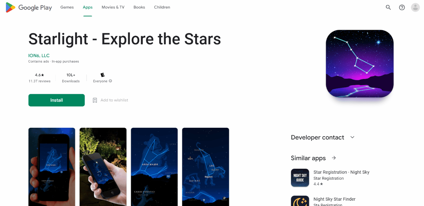 Pagina de instalare a aplicației Starlight