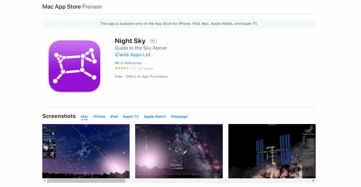Pagina de instalare a aplicației Night Sky