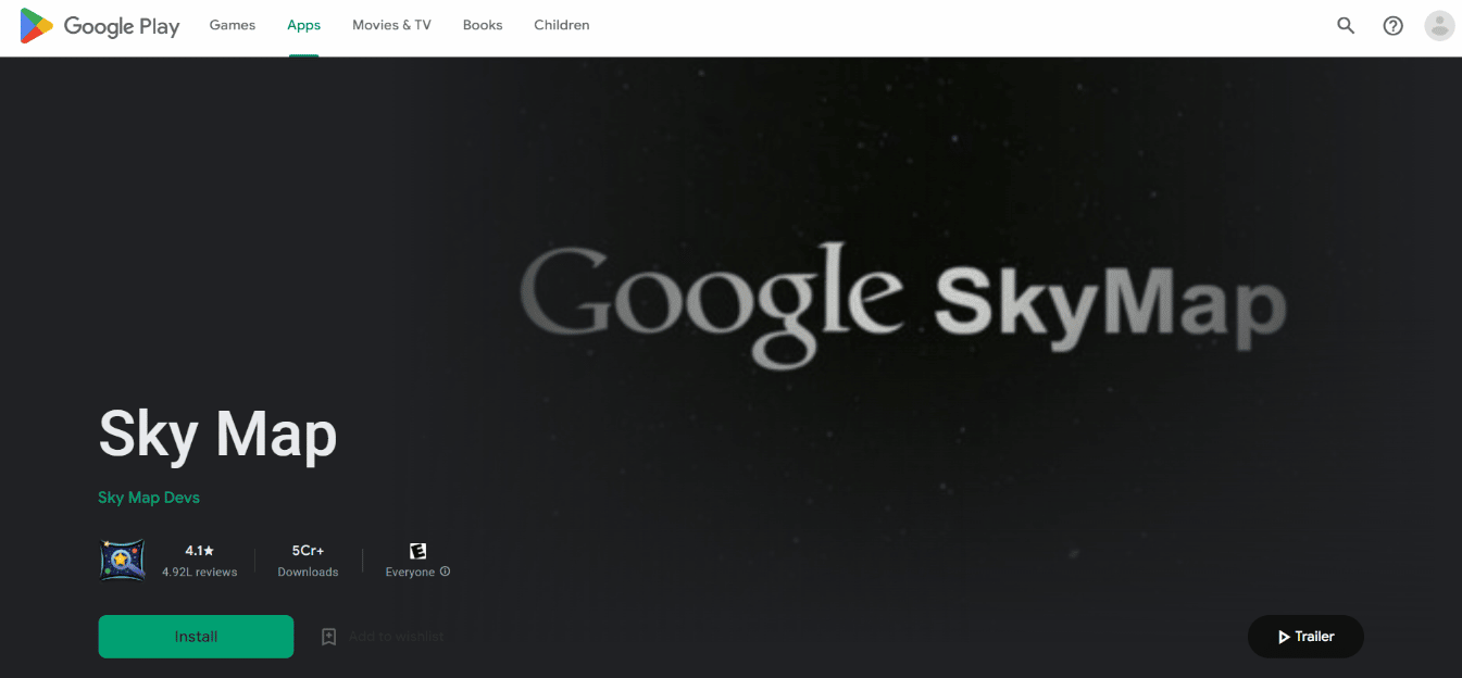 Pagina de instalare a aplicației Sky Map. 22 de cele mai bune aplicații de astronomie și observare a stelelor