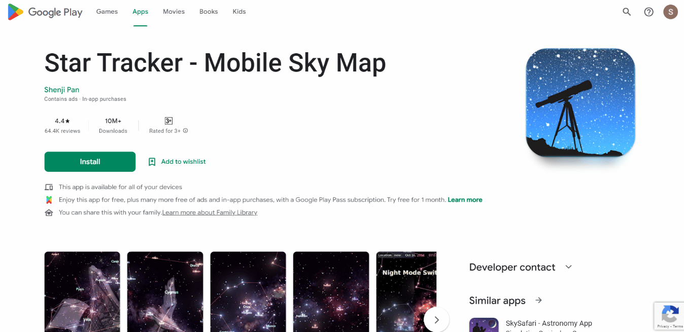 Pagina de instalare a aplicației Star Tracker
