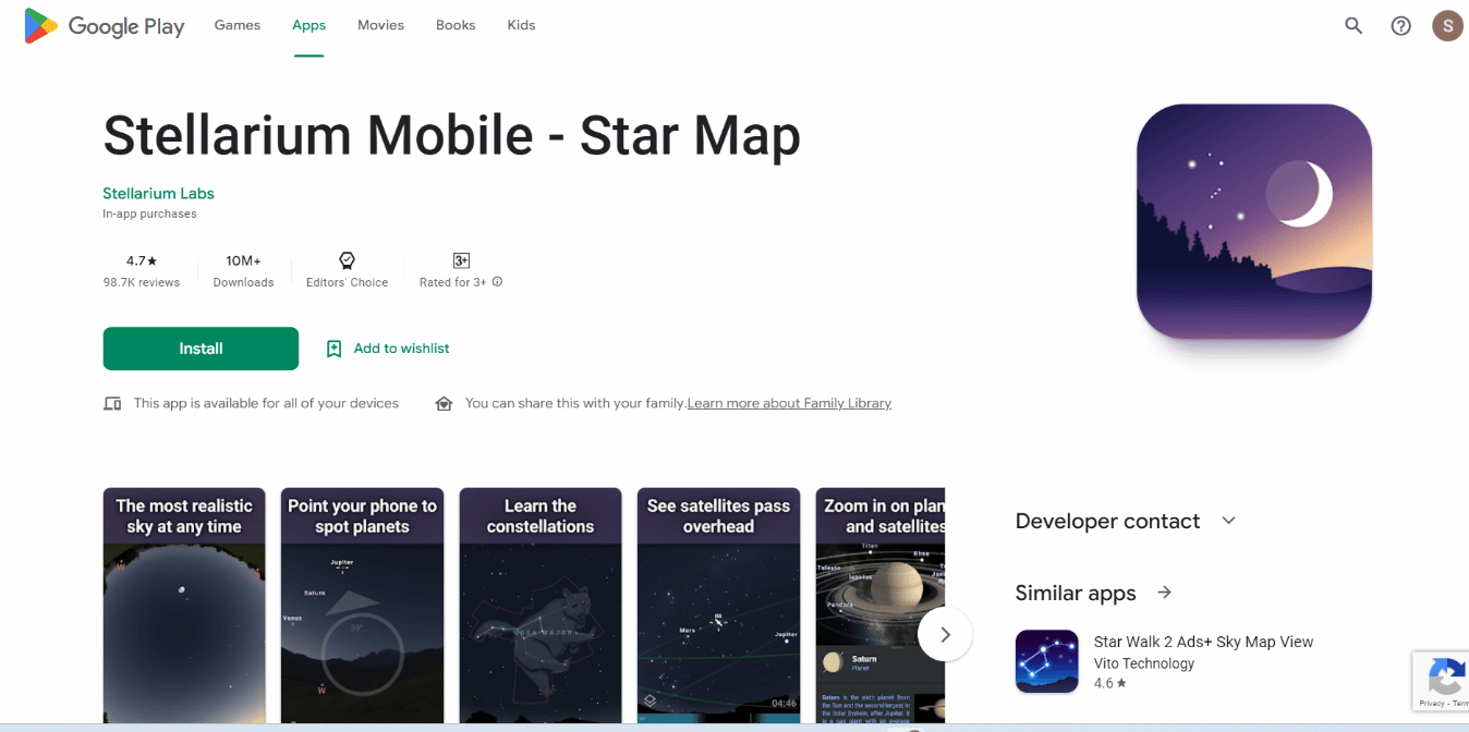 Pagina de instalare a aplicației Stellarium Mobile Star Map. 22 de cele mai bune aplicații de astronomie și observare a stelelor
