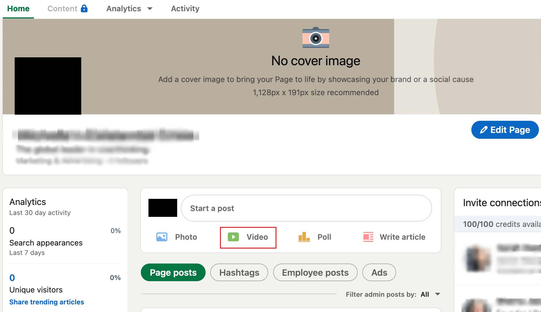 LinkedIn のメインの会社ページに移動し、[ビデオ] オプションをクリックします。 LinkedIn に YouTube 動画を投稿する方法