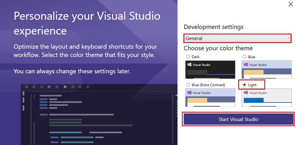 单击“常规”选项，然后选择“Light”并单击“启动 Visual Studio”按钮。如何下载适用于 Windows 10 的 Visual Studio