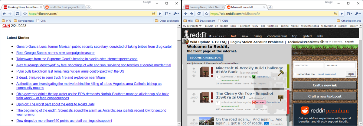 Chrome 1.0'da CNN Lite ve Eski Reddit