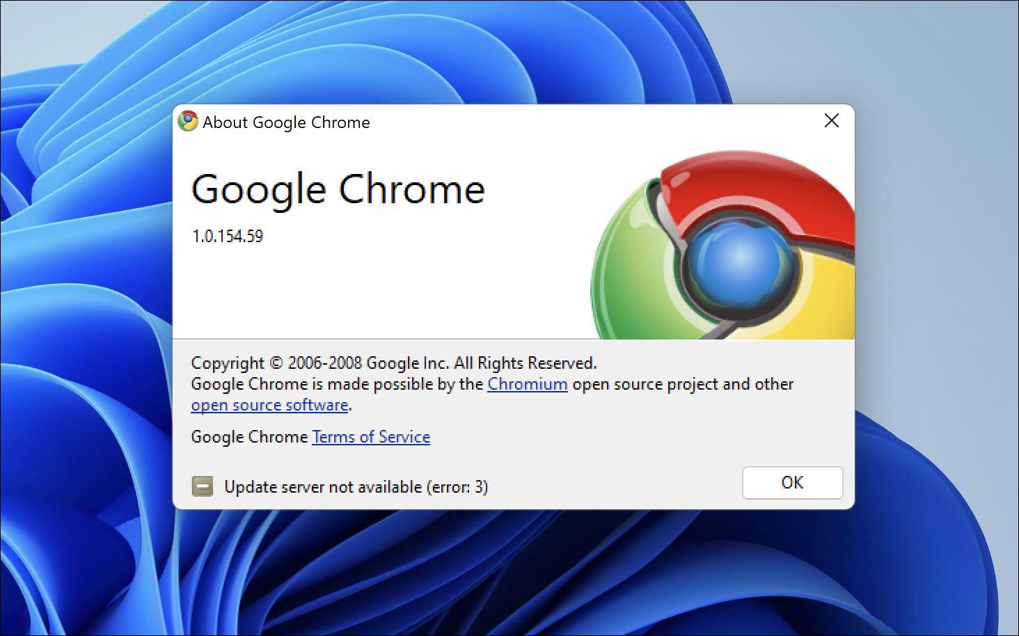 Chrome 1.0 hakkında sayfası