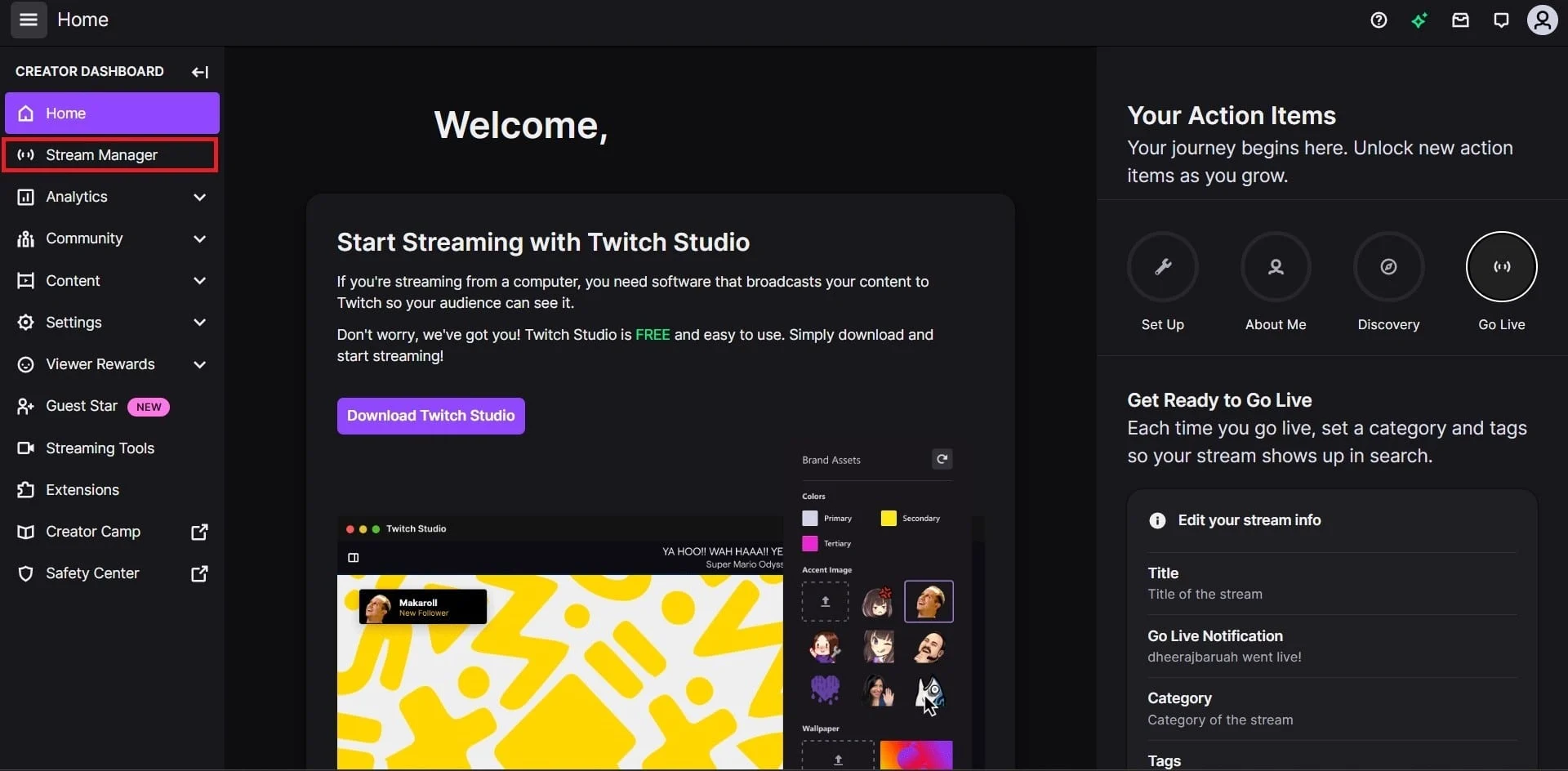 Haga clic en Stream Manager en el menú de la izquierda.