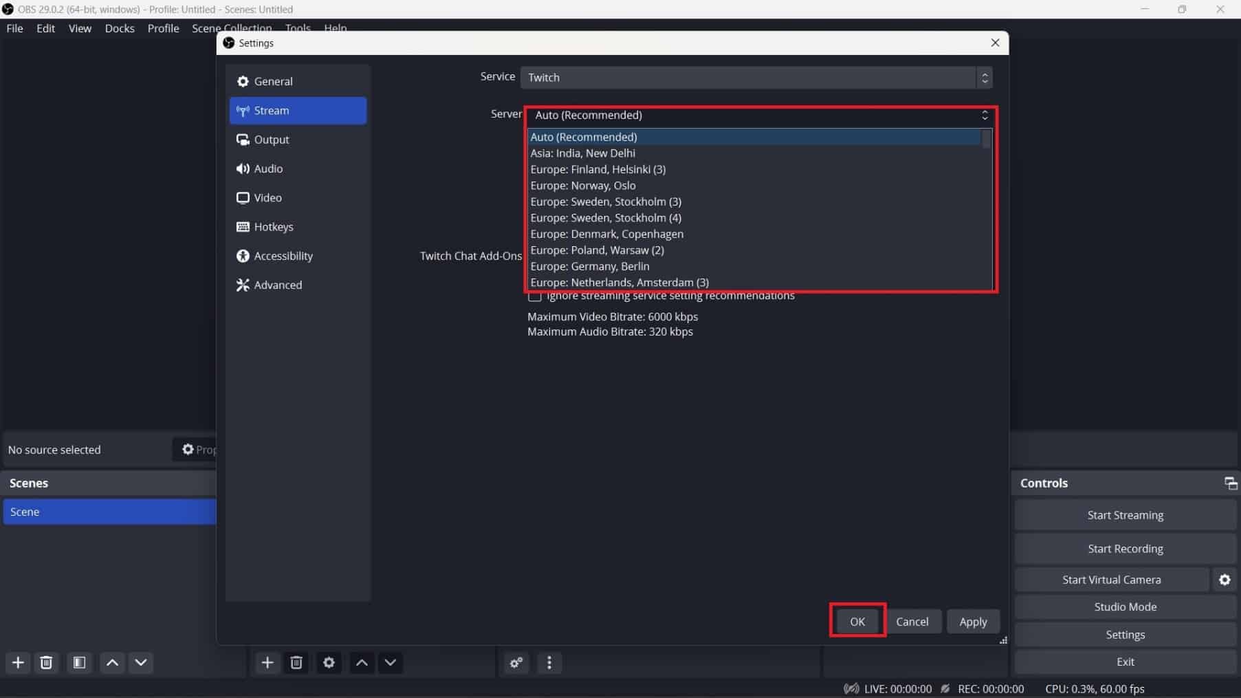Seleccione un servidor del menú desplegable y haga clic en Aceptar. Elija uno que esté más cerca de su ubicación actual. | Cómo cambiar el título de la transmisión en Twitch