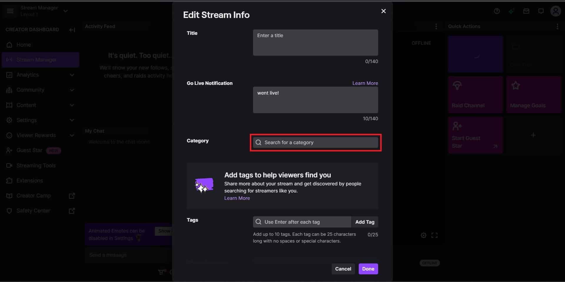 Para agregar una categoría para el juego que estás jugando en Twitch, busca y selecciona el juego o cualquier categoría en el campo Categoría.