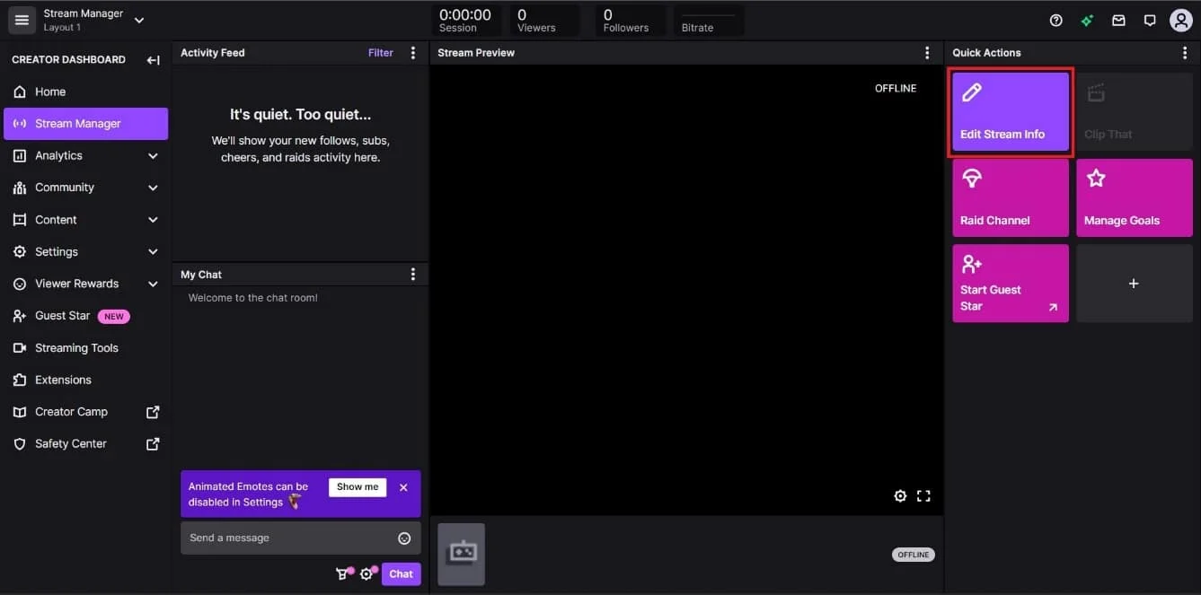 Haga clic en el mosaico Editar información de transmisión en Acciones rápidas en el extremo derecho. | Cómo cambiar el título de la transmisión en Twitch