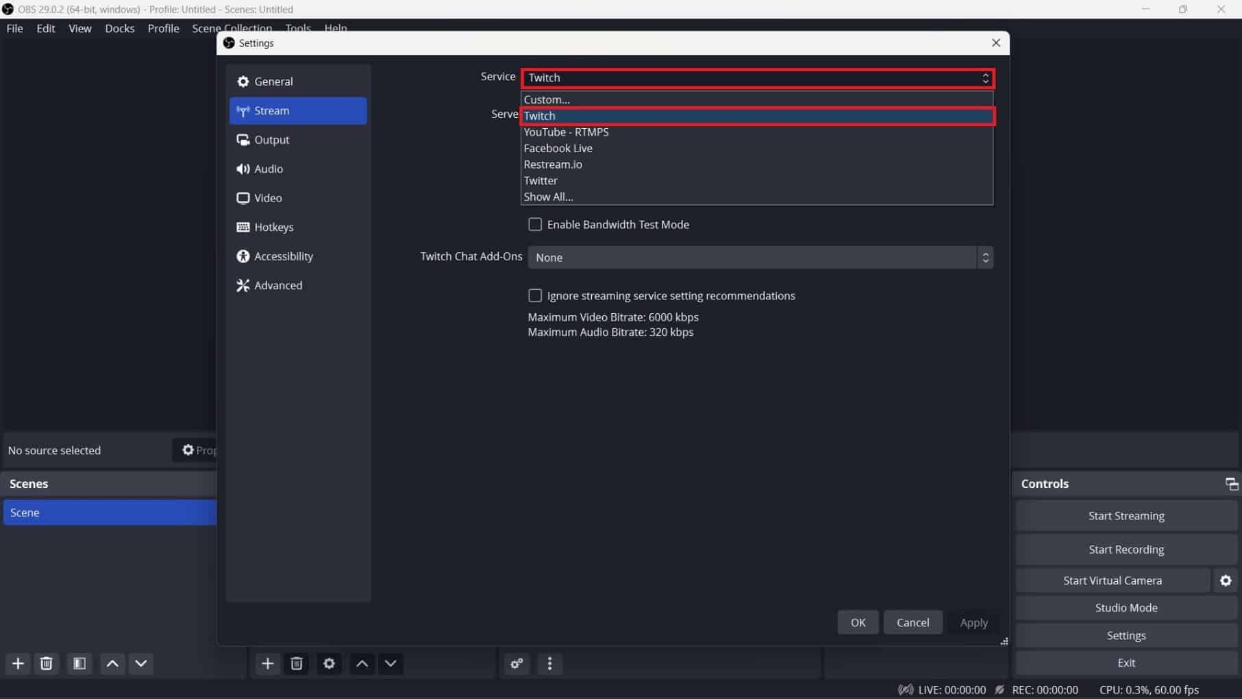 Haga clic en la flecha hacia abajo junto a Servicio a la derecha. Elija Twitch de la lista.