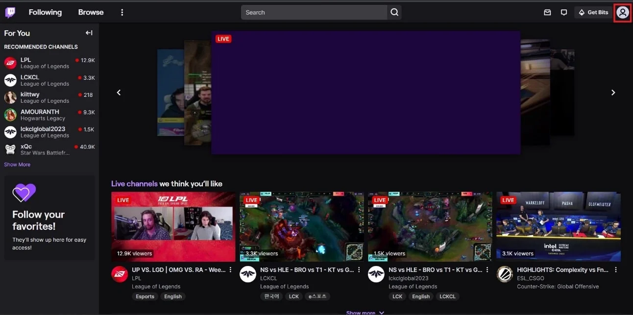 En la esquina superior derecha, haga clic en el icono Perfil. | Cómo cambiar el título de la transmisión en Twitch