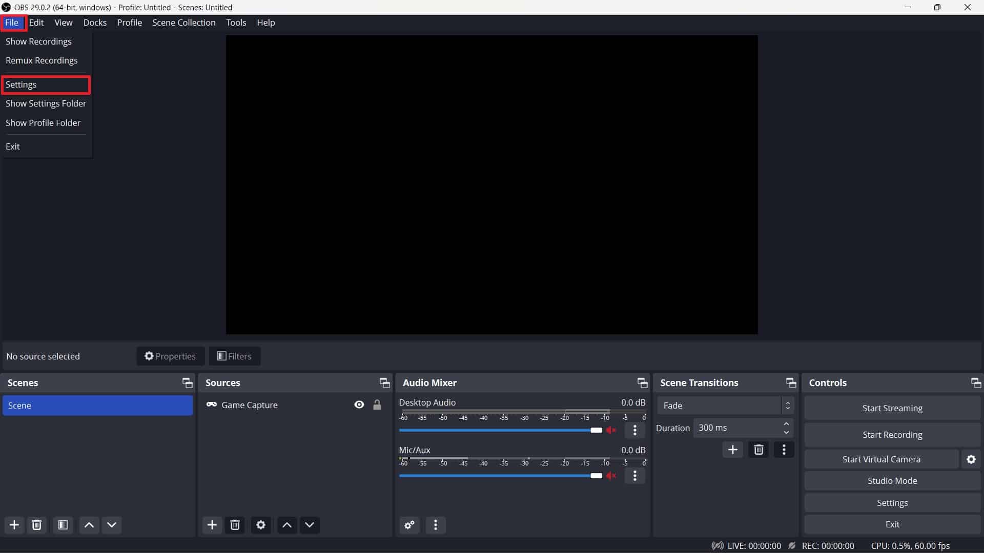 Navegue a la barra de menú superior derecha y haga clic en Archivo, luego elija Configuración en el menú desplegable. | Cómo cambiar el título de la transmisión en Twitch