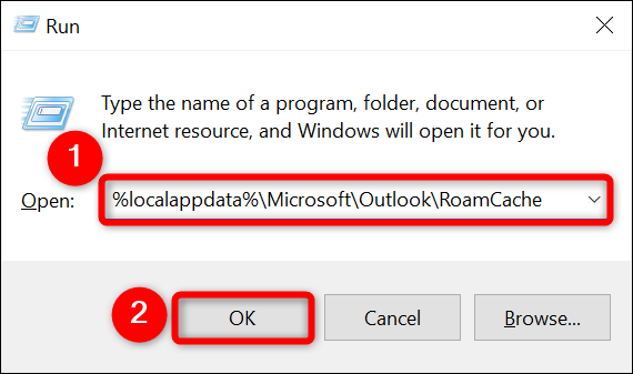 Masukkan jalur cache Outlook dan pilih "OK."