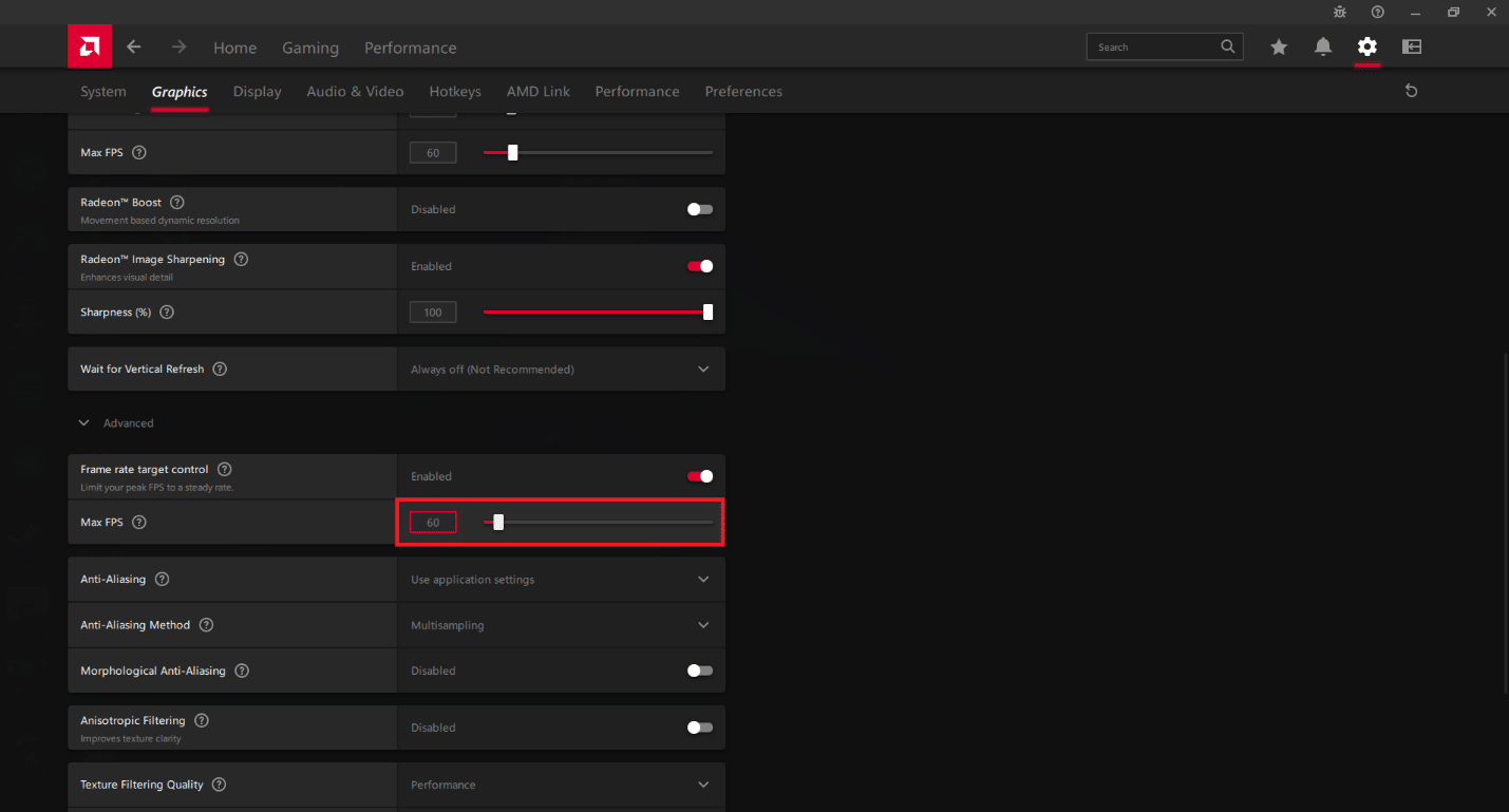 Ajuste el control deslizante Max FPS a la velocidad de fotogramas deseada