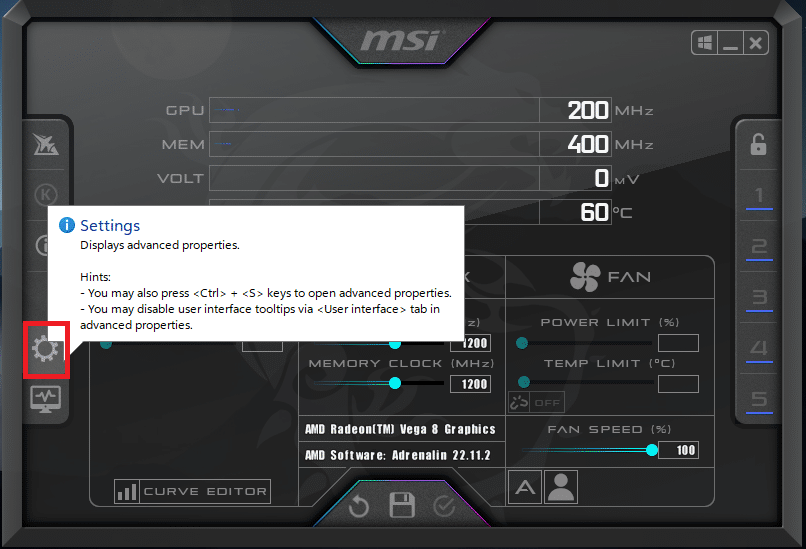 Abra MSI Afterburner y haga clic en el ícono de ajustes